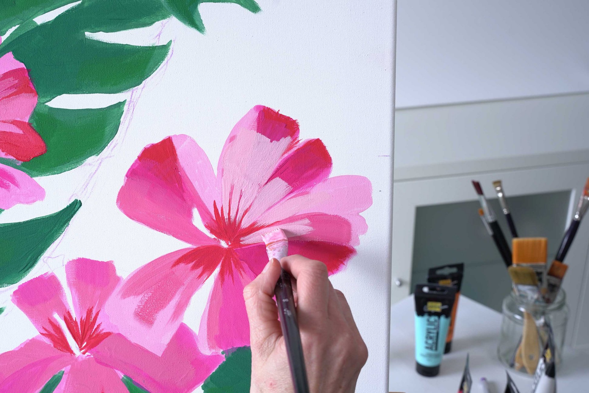 Blüten malen mit Künstler Acrylfarbe illustrativ