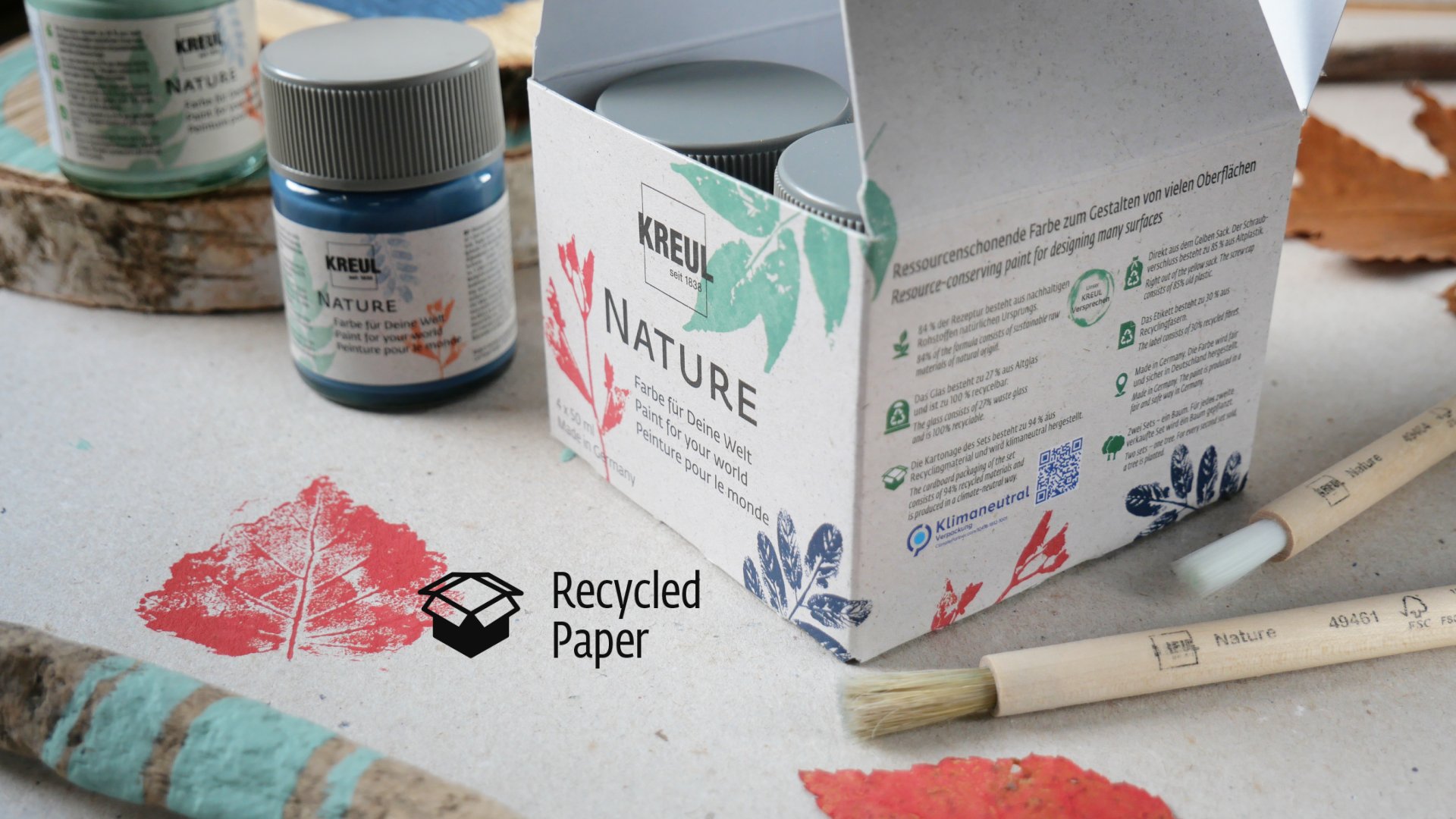 Karton Verpackung KREUL Nature Set mit aufgedrucktem Nachhaltigkeits Icon Recycled Paper