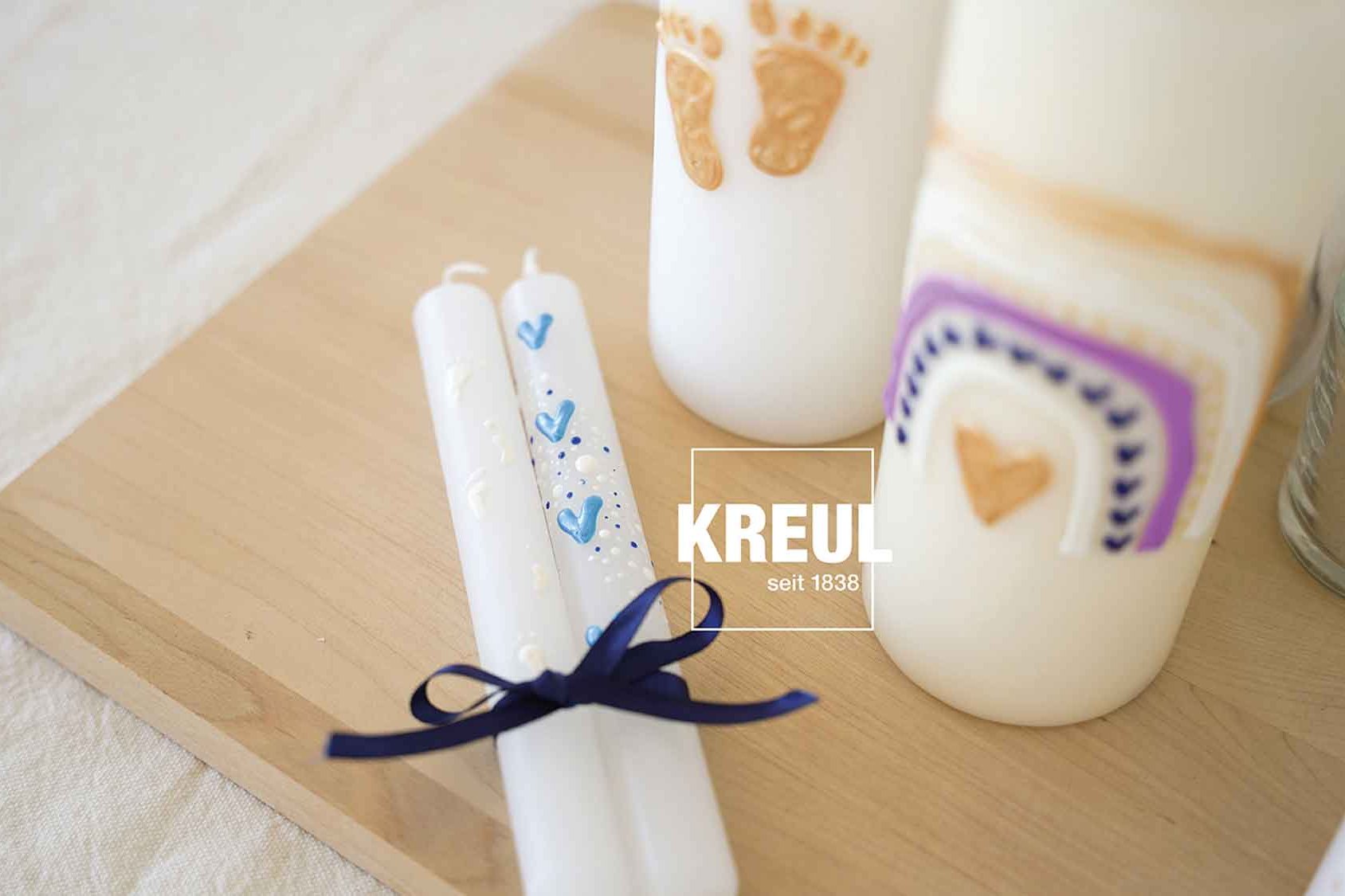 Kerzen für Geburt und Taufe gestaltet mit KREUL Candle Pen