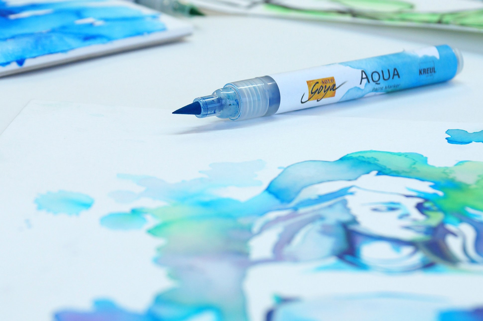 Aquarell Kunstwerk mit SOLO GOYA Aqua Paint Marker in Cyan 