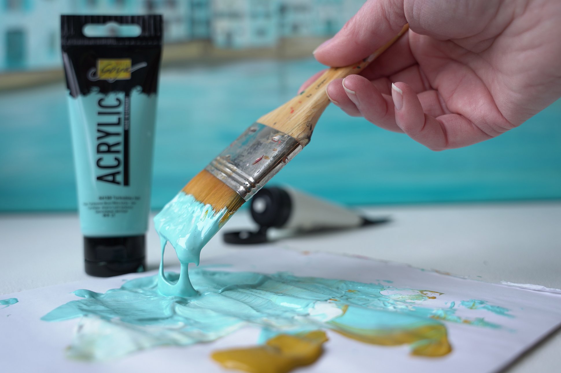 Farbverschiebung bei Künstler Acrylfarbe Türkis 