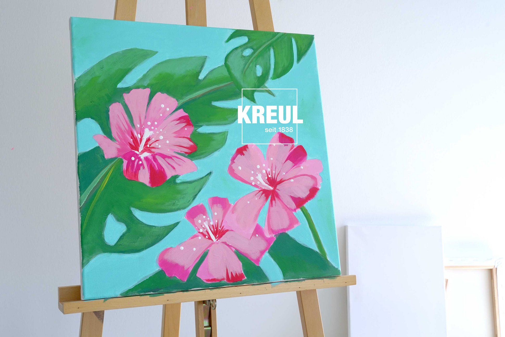 Acrylfarben Kunstwerk Hibiskusblüte und Blätter auf Staffelei